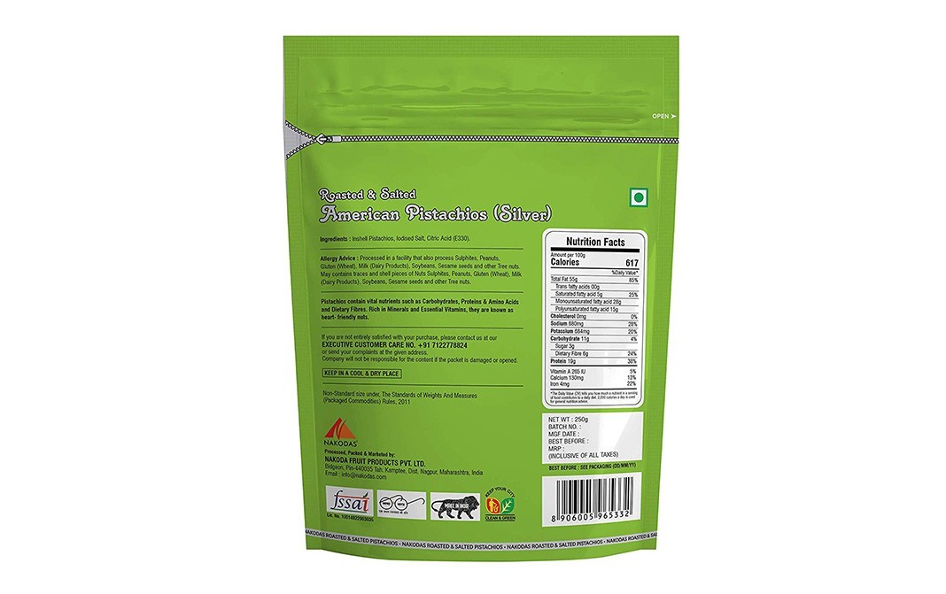 Nakodas Roasted & Salted American Pistachios (Silver)   Pack  250 grams